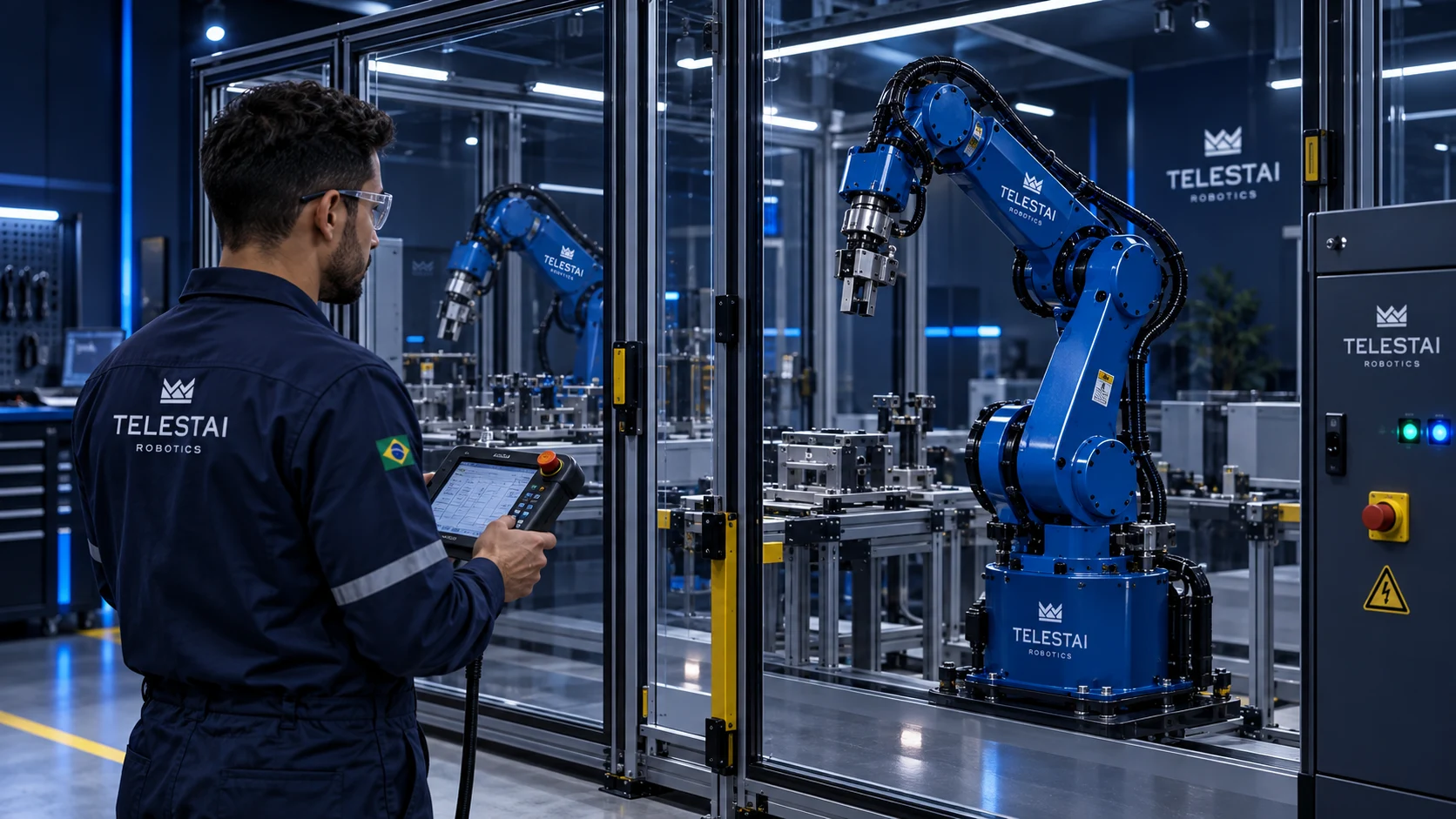 Ilustração conceitual de treinamento técnico Telestai fora de uma célula robotizada protegida